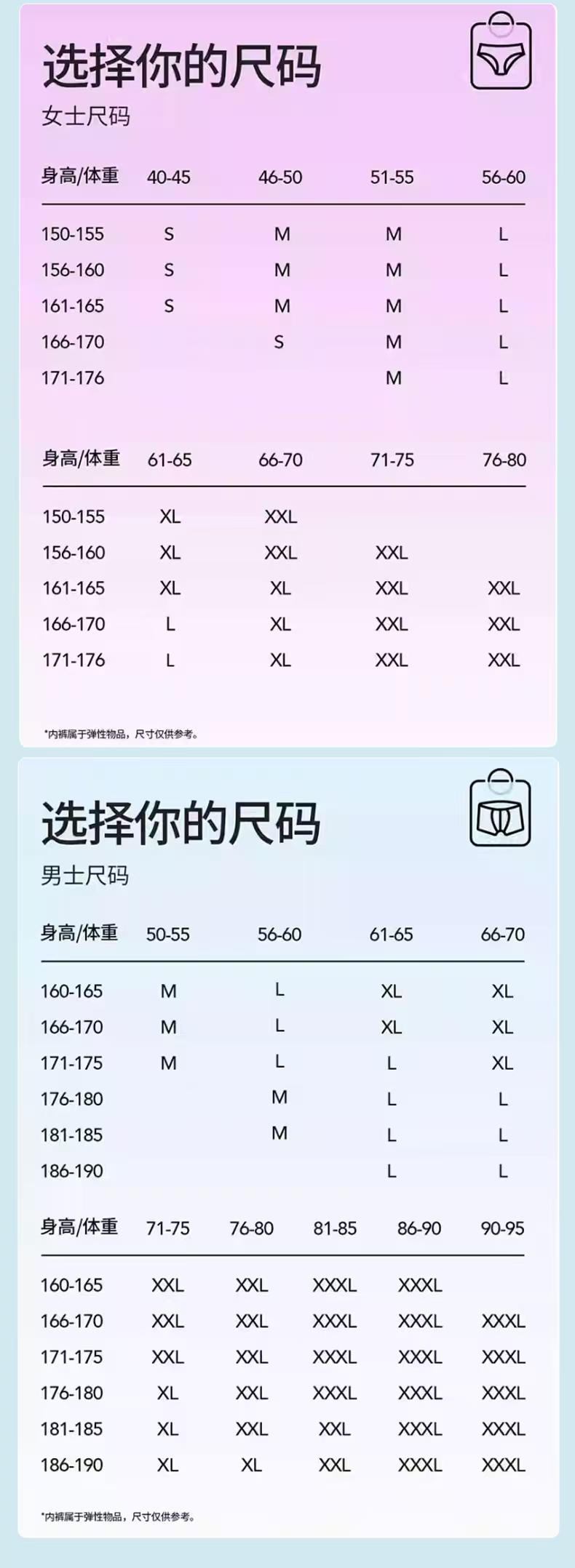 易爽佳女款男款身高体重尺码表